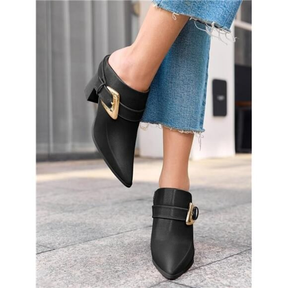Chunky Heel Pointed Toe Mules Booties Slip On Ankle Boots Dress Shoes Women - Picture 3 of 6